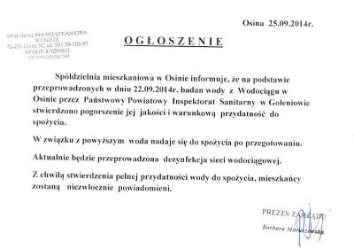 Ogłoszenie Spółdzielni Mieszkaniowej w Osinie